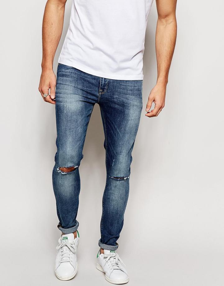 Asos Super Skinny Jeans With Knee Rips - Mid Blue