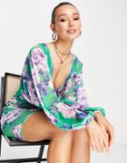 Asos Design Mesh Blouson Sleeve Mini Dress With Ruching In Green And Purple Floral-multi