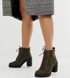 New Look Wide Fit Suedette Lace Up Heeled Boot In Khaki-green