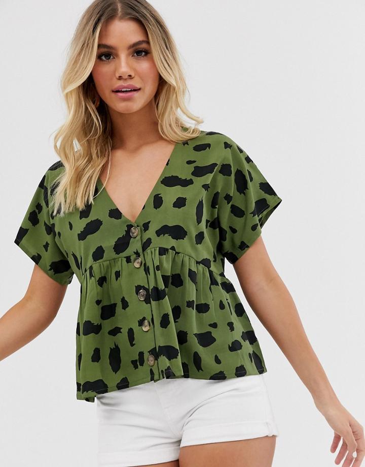 Influence Button Front Short Sleeve Top In Khaki-green