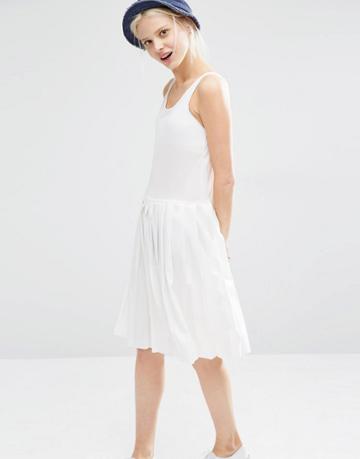 I Love Friday Sleeveless Dress With Box Pleat Skirt - White