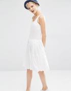 I Love Friday Sleeveless Dress With Box Pleat Skirt - White