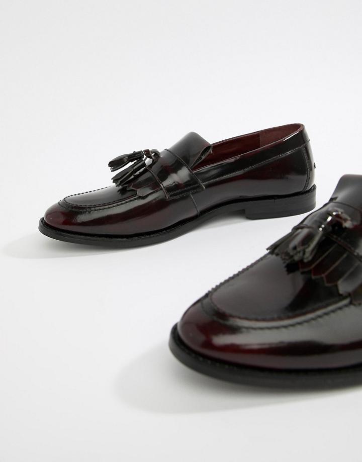 Walk London North Fringe Tassel Loafers In High Shine Burgundy - Red