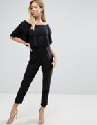 Asos Jumpsuit With Double Ruffle Bardot And Lace Trim Detail - Black