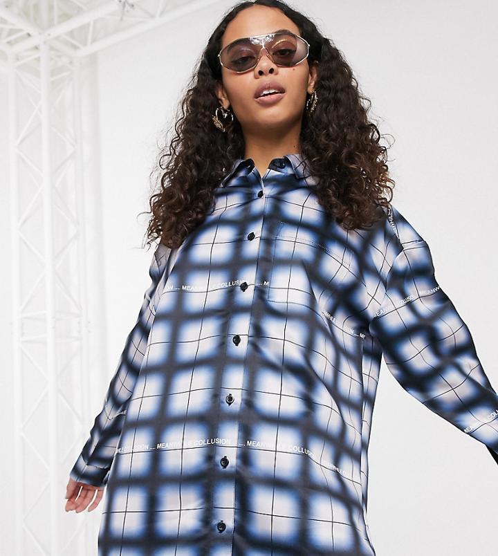 Collusion Oversized Grid Check Shirt In Blue-blues