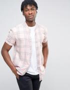 Asos Skater Fit Check Shirt With Grandad Collar In Pink - Pink
