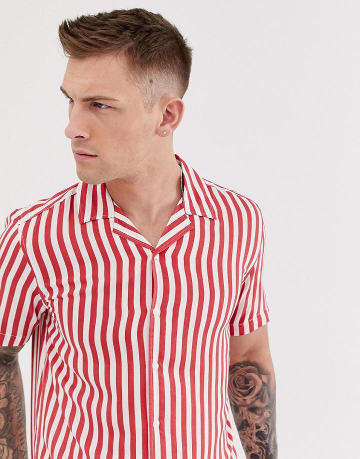 Only & Sons Red Stripe Revere Collar Shirt In Regular Fit - Red
