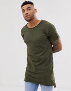 Soul Star Longline Raw Edge Pocket T-shirt In Green