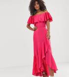 Flounce London Tall Bardot Satin Midi Dress With Frill At Hem In Coral - Pink