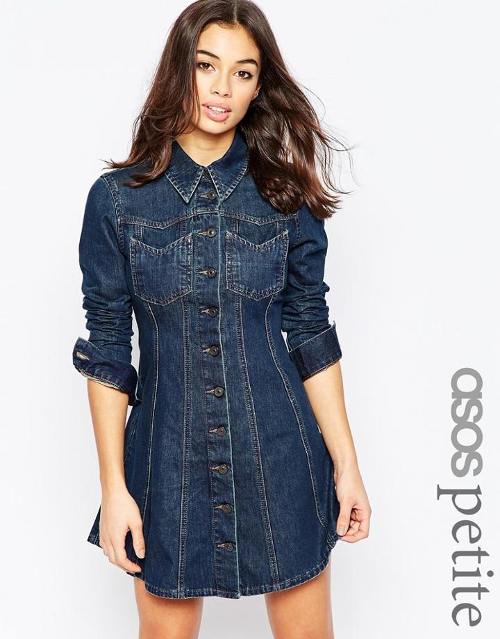 Asos Petite Denim Western Shirt Dress With Flippy Skirt - Midwash Blue