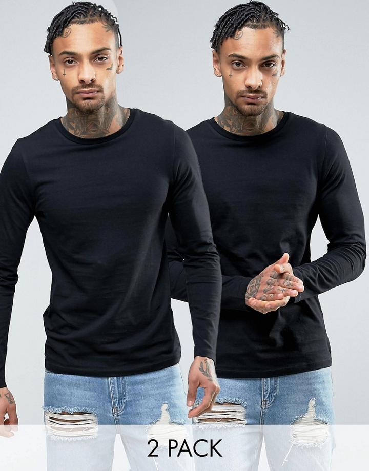 Asos 2 Pack Long Sleeve T-shirt In Black With Crew Neck Save - Black
