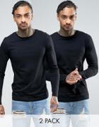 Asos 2 Pack Long Sleeve T-shirt In Black With Crew Neck Save - Black