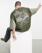 Asos Design Oversized T-shirt In Khaki Color Block With Back Print-green