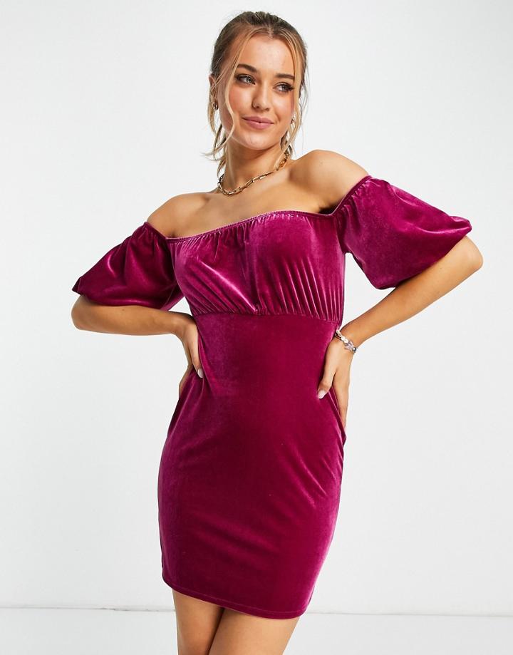 Miss Selfridge Velvet Bardot Mini Dress In Pink