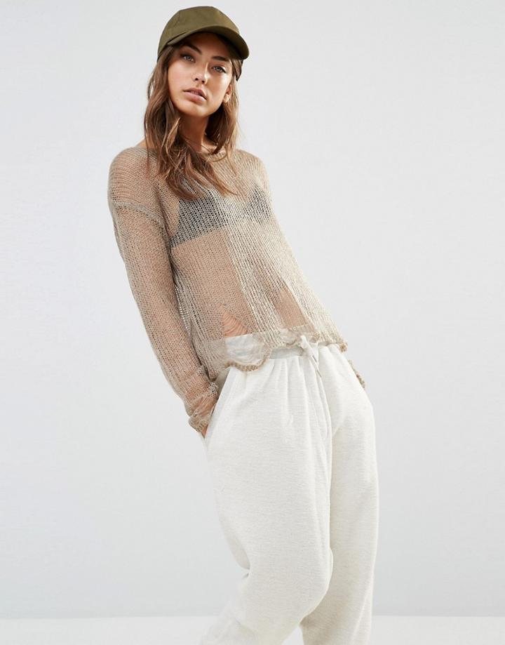 Daisy Street Sheer Knitted Top With Distressing - Oatmeal