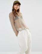 Daisy Street Sheer Knitted Top With Distressing - Oatmeal