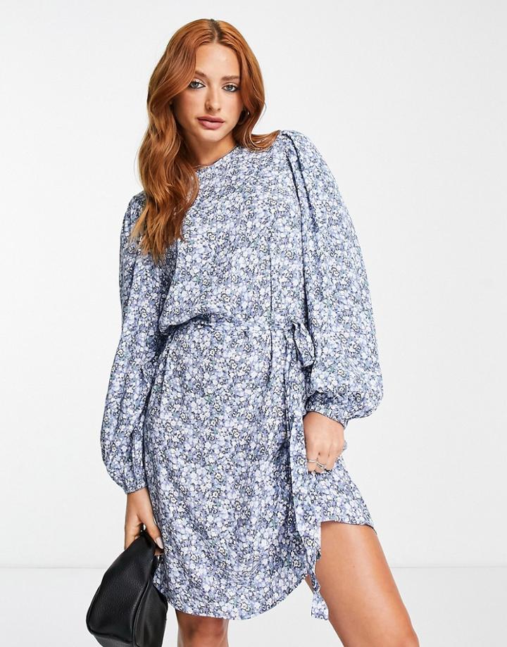 Vila Belted Long Sleeve Mini Shift Dress In Light Blue Print
