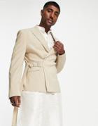 Asos Design Wedding Slim Suit Jacket With Belt Detail In Beige-brown