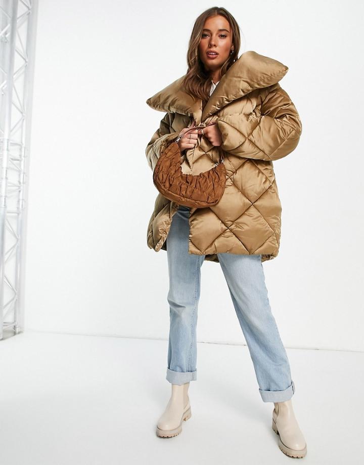 Asos Design Diamond Waterfall Belted Puffer Jacket In Bronze-orange