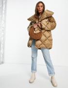 Asos Design Diamond Waterfall Belted Puffer Jacket In Bronze-orange