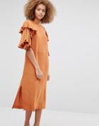 Warehouse Ruffle Midi Dress - Copper