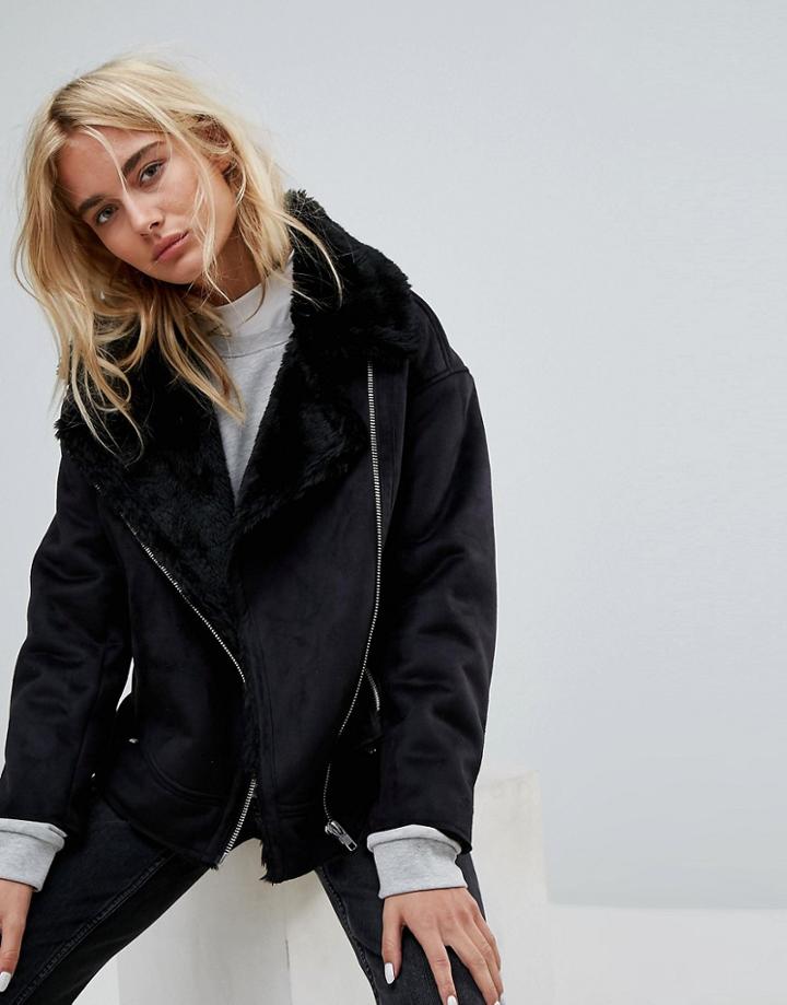 Weekday Longline Aviator Jacket With Fleece Collar - Black
