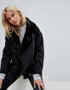 Weekday Longline Aviator Jacket With Fleece Collar - Black