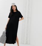 Monki Split Side Midi T-shirt Dress In Black - Multi