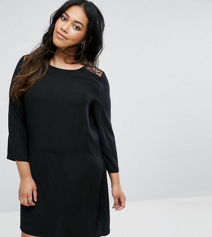 Yumi Plus Swing Dress With Lace Insert And Flare Sleeves-black