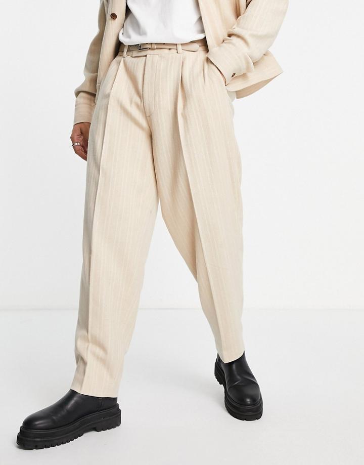 Asos Design Wide Leg Suit Pants In Pinstripe In Beige-neutral