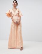Asos Design Soft Jacquard Maxi Dress With Flutter Sleeve - Pink