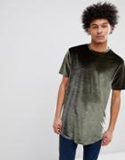 Asos Design Relaxed Super Longline T-shirt With Curved Hem In Velour - Green