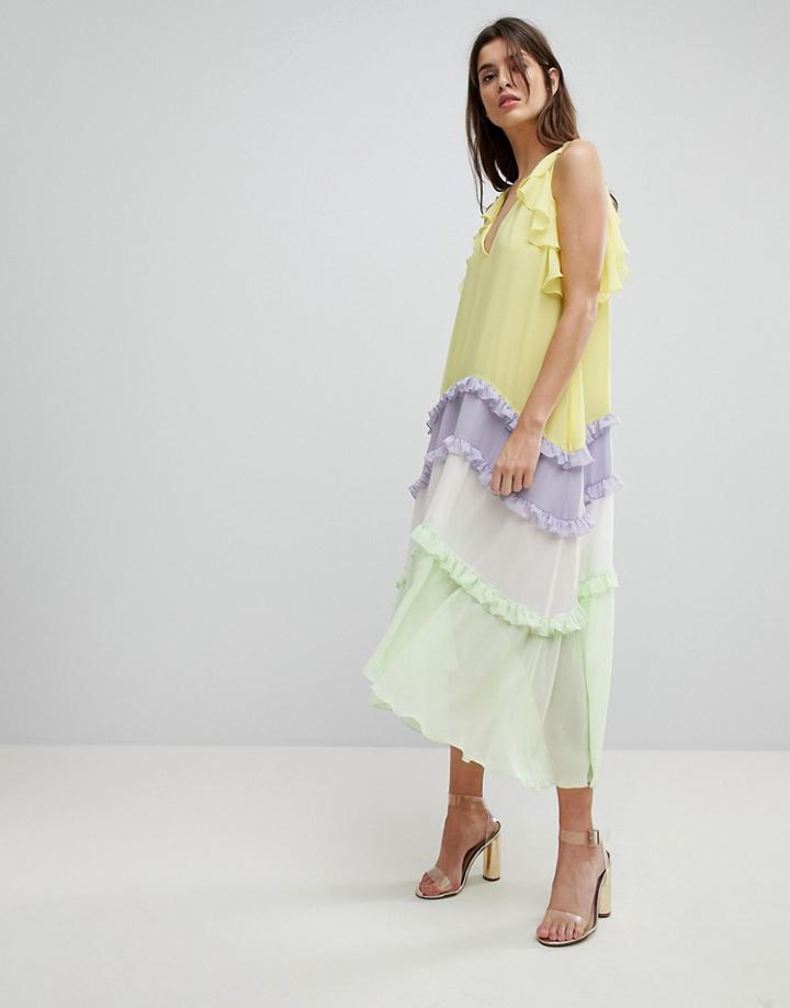 Three Floor Tiered Midi Dress With Frill Detail - Multi