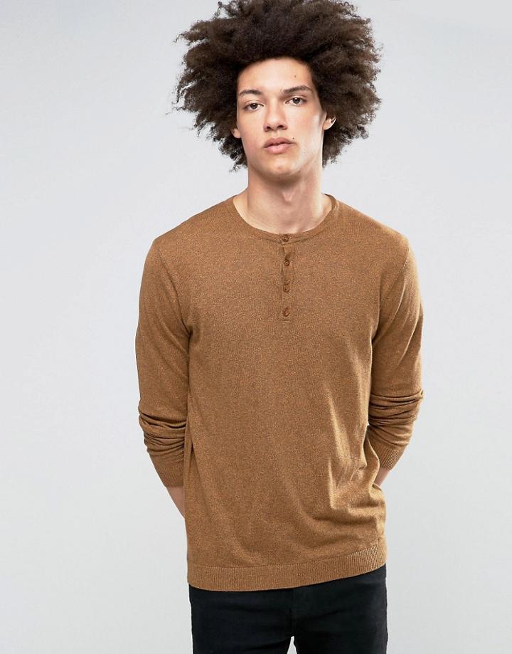 Asos Grandad Neck Sweater In Orange Twist Cotton - Brown Orange