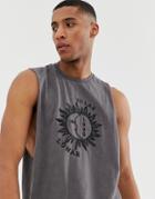 Asos Design Relaxed Tank In Acid Wash With Chest Embroidery - Black