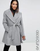 Asos Curve Skater Coat In Wool Blend With Oversized Collar And Self Belt - Gray