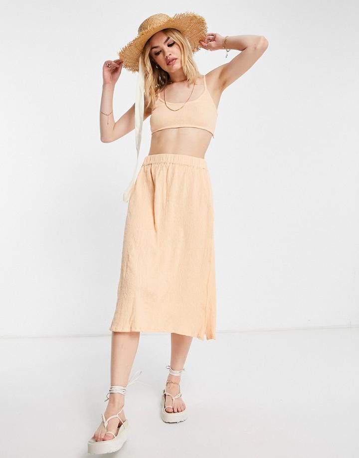 Asos Design Crinkle Split Midi Skirt In Peach - Part Of A Set-orange