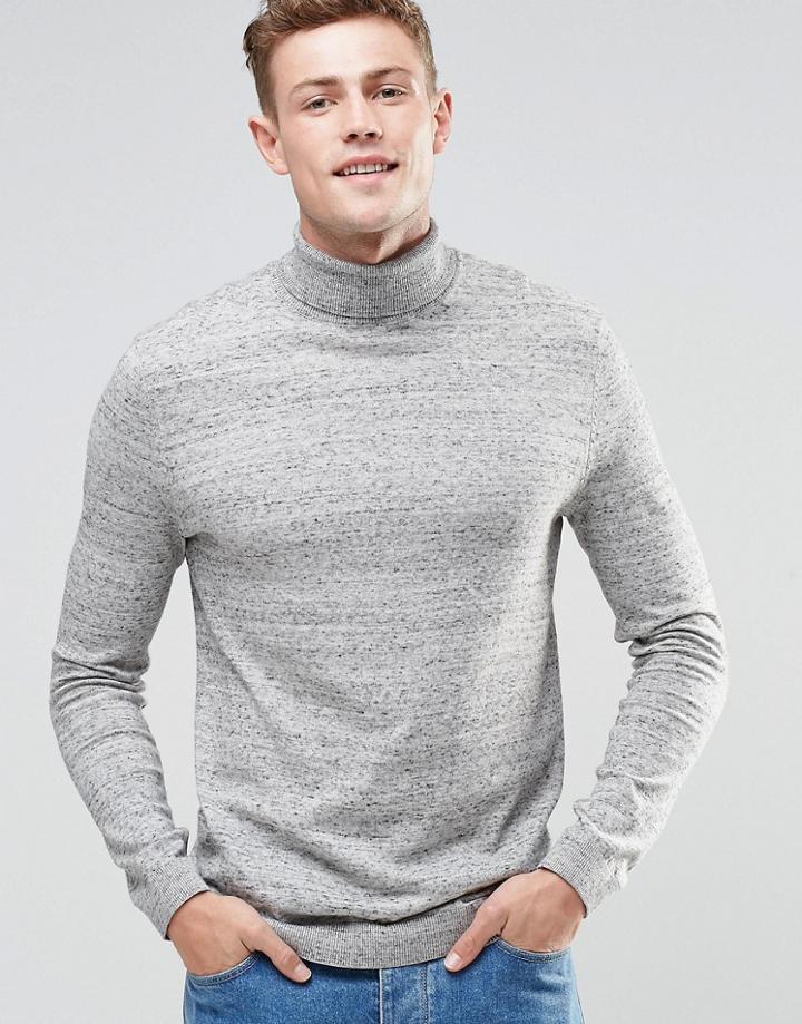 Asos Roll Neck Sweater In Gray Slub Cotton - Gray