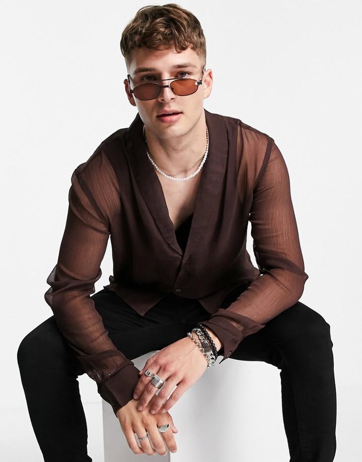 Asos Design Sheer Shirt With Deep Shawl Collar In Brown