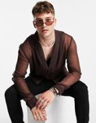 Asos Design Sheer Shirt With Deep Shawl Collar In Brown