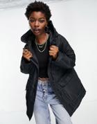 Asos Design Nylon Parka With Contrast Stitch Detail In Charcoal-black