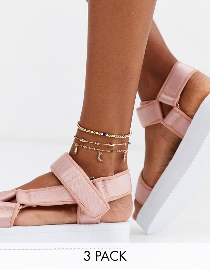 Asos Design Pack Of 3 Bead Anklets With Moon And Star Charms In Gold Tone - Gold