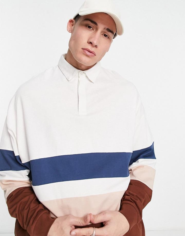 Asos Design Oversized Long Sleeve Polo T-shirt In Brown & Navy Color Block-neutral