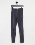 Topshop Joni Double Knee Rip Jeans In Washed Black