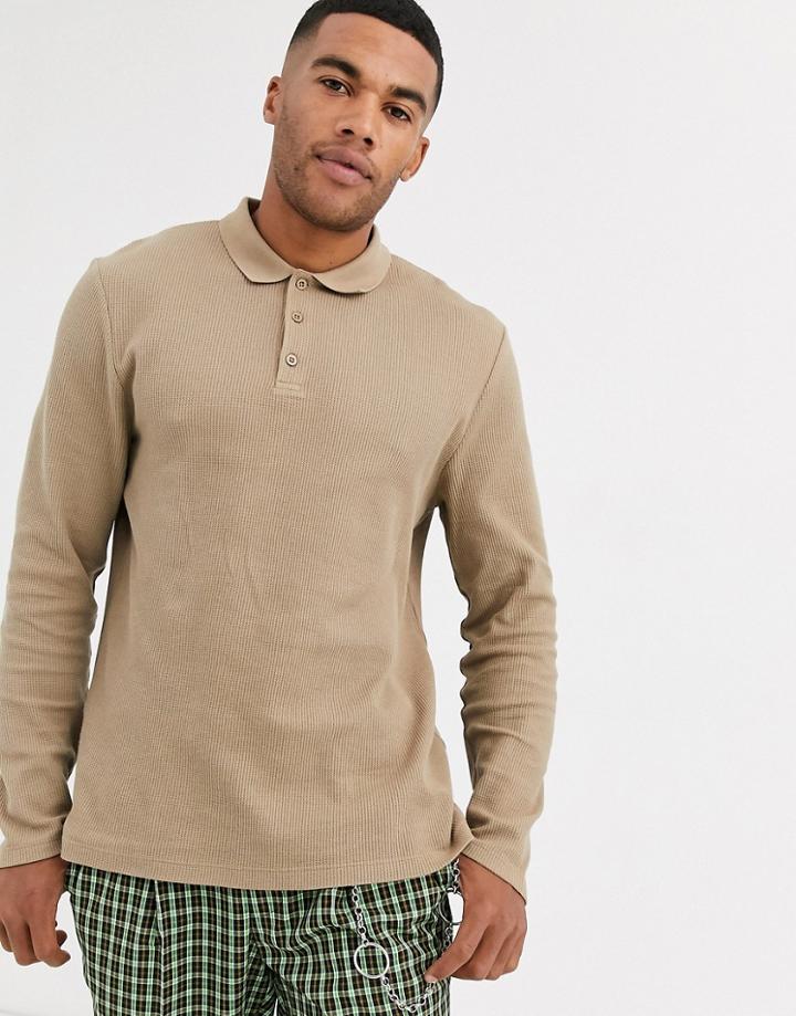 Asos Design Long Sleeve Waffle Polo In Beige