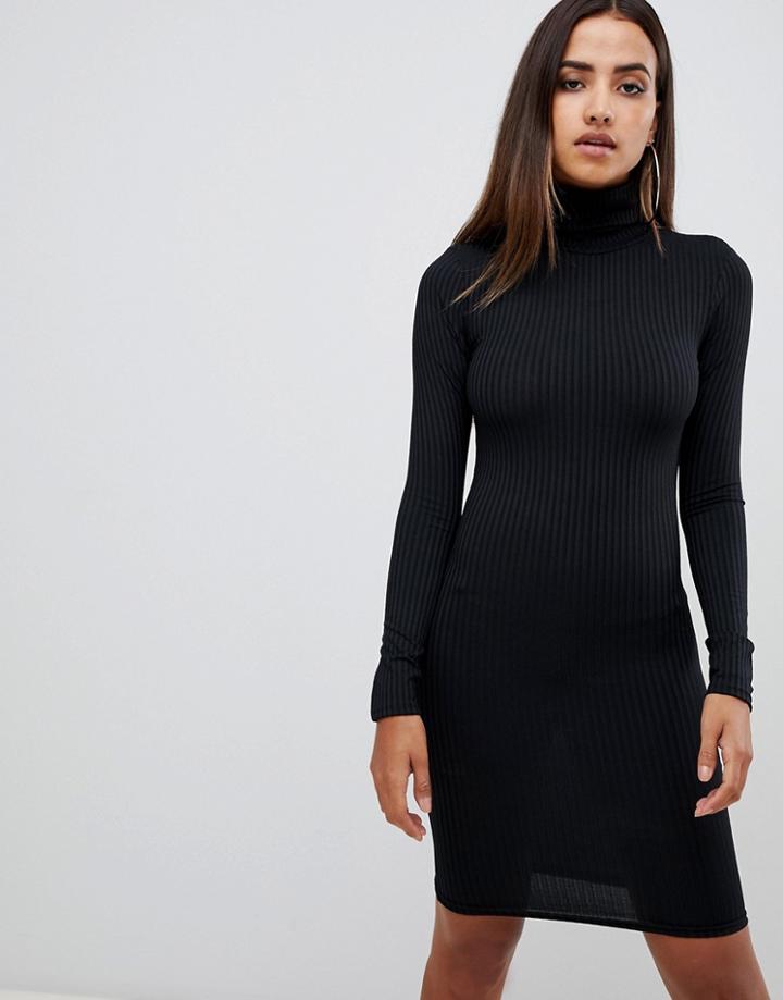 Prettylittlething Basic Ribbed Roll Neck Long Sleeve Dress - Black