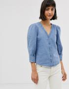 Monki Denim V-neck Blouse With Puff Sleeves In Blue