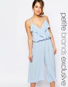 John Zack Petite Frill Neck Culotte Jumpsuit - Pale Blue