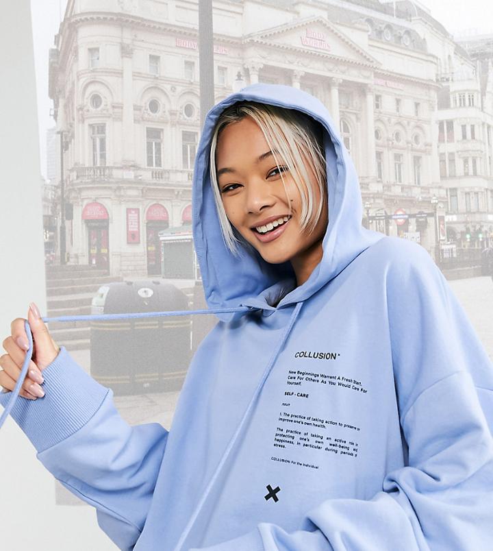 Collusion Unisex Oversized Blues Hoodie With Print