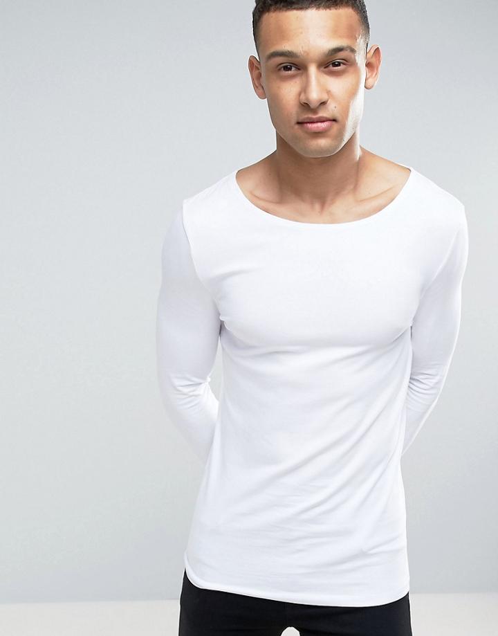 Asos Extreme Muscle Fit Long Sleeve T-shirt With Boat Neck In White - White